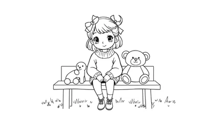 Kleurplaat van een lief meisje met strikjes in haar haar, zittend op een bankje met een kleine knuffel en een teddybeer.