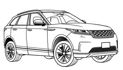 Zwart-witte lijntekening van een moderne SUV, in driekwart vooraanzicht, die doet denken aan een Range Rover Velar. De kleurplaat toont de koplampen, grille, wielen, deurgrepen en dakrails.