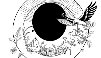 Gedetailleerde zwart-wit lijntekening van een cirkelvormige compositie met een centrale zwarte cirkel met stralen, een vliegende roofvogel bovenaan, weelderige planten en bloemen onderaan, en drie verschillende vogels (loopvogel, pauw-achtige, loopvogel) tussen de planten.