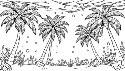 Zwart-wit lijntekening van een onderwaterlandschap met vier palmbomen, koraal, zeewier, een grote schelp en luchtbellen.