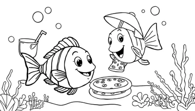 Zwart-wit kleurplaat van een onderwaterscène met twee lachende vissen, een vis met strepen en een emmer, de andere vis met een paraplu en een pizzapunt, gestapelde pizza's op de zeebodem, zeewier, koraal, een schelp en zwevende bubbels.