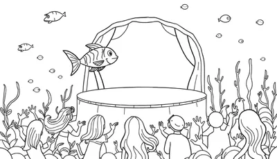 Zwart-wit kleurplaat van een onderwatertheater met een gestreepte vis op het podium en juichende zeemeerminnen en kinderen in het publiek, omringd door zeewier en kleine vissen.