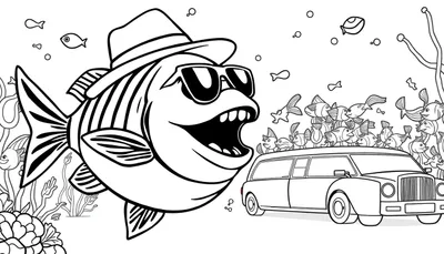Kleurplaat van een grote vis met fedora en zonnebril die lacht, naast een onderwaterauto (limousine/hearse) vol kleine, enthousiaste vissen, met waterplanten en bubbels.