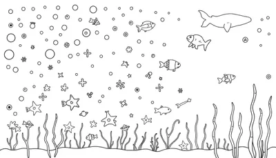 Zwart-wit lijntekening van een kleurplaat met een onderwaterwereld, met bellen, een walvis, vissen, zeesterren, zeewier en abstracte vormen.