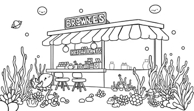 Zwart-wit kleurplaat van een onderwaterwinkel genaamd BROWNIES met een gestreepte luifel, twee ronde lampen, een toonbank met spullen, barkrukken, zeewier, een blije vis, een krab, een octopus, een schildpad, schelpen, koraal, bellen met gezichtjes en een kleine planeet.