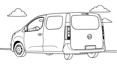 Kleurplaat van een Opel bestelwagen in achter-driekwart perspectief, met zicht op de achterkant, rechterzijkant, schuifdeur, achterlichten en Opel logo.