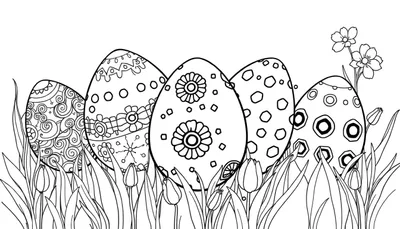 Een zwart-wit lijntekening van vijf gedetailleerd versierde paaseieren in hoog gras met tulpen en bloemen, geschikt als kleurplaat.