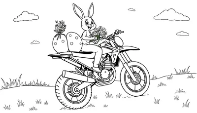Zwart-wit kleurplaat van een lachend konijn op een crossmotor, met een bos bloemen en paaseieren.