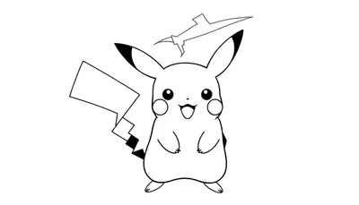 Een zwart-wit lijntekening van Pikachu die lacht met open mond en vrolijke ogen. Zijn puntige oren, ronde wangen en bliksemschicht-vormige staart zijn duidelijk zichtbaar.