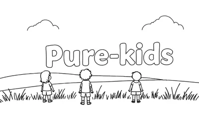Kleurplaat met de tekst 'Pure-Kids' bovenaan. Drie kinderen met hun rug naar de kijker toe staan in een landschap met gras en heuvels. Twee wolken zweven in de lucht.
