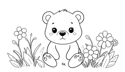 Kleurplaat van een schattig, klein beertje met grote ogen dat in een veld vol bloemen en gras zit.