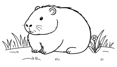 Zwart-wit lijntekening van een schattig, rond knaagdier (zoals een hamster) zittend op gras, kijkend naar links, met een kleine bloem aan de rechterkant. Geschikt als kleurplaat.