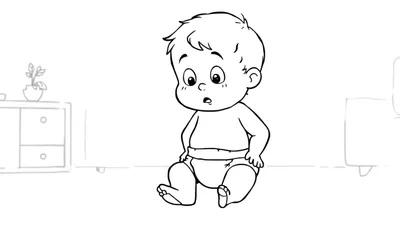 Kleurplaat van een baby met een verraste uitdrukking, zittend op de grond in een luier. Zwart-wit lijntekening met simpele meubels op de achtergrond.