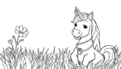 Zwart-wit lijntekening van een vriendelijke, schattige eenhoorn met grote ogen en een camera om de nek, zittend in een veld met gras en bloemen.