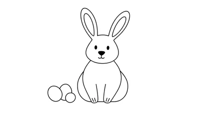 Zwart-wit lijntekening van een schattig konijn dat rechtop zit, met drie eieren links van zich.