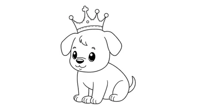 Lijntekening van een schattige puppy met een kroon op zijn hoofd, zittend en met grote, vriendelijke ogen. Deze kleurplaat is klaar om ingekleurd te worden.