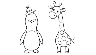 Een eenvoudige zwart-wit lijntje tekening van een schattige pinguïn met een hoedje en een giraf met stippen, beide met een vriendelijke uitdrukking.