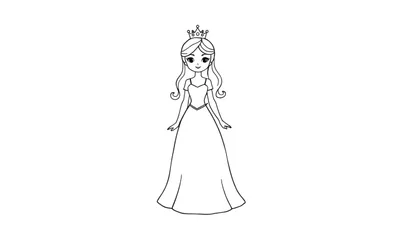 Lijntekening van een schattige prinses met kroon en baljurk, klaar om ingekleurd te worden.