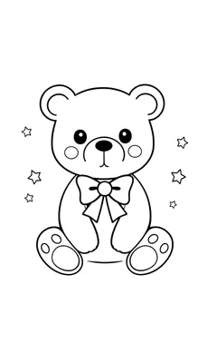 Zwart-witte lijntekening van een schattige teddybeer die rechtop zit, met een strik om zijn nek en kleine sterren eromheen.