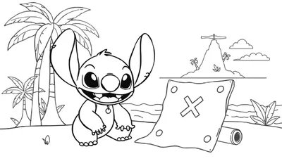 Kleurplaat van Stitch die blij kijkt bij een schatkaart op een tropisch strand, met palmbomen, de oceaan en een verre eiland op de achtergrond.