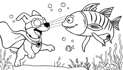 Een zwart-wit lijntekening voor een kleurplaat met een superheldenhond die rode energie vanuit zijn neus richt op een grote gestreepte vis. Een klein visje zwemt ertussen, omringd door bubbels en zeebodemplanten.