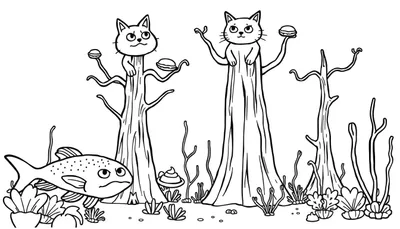 Zwart-witte kleurplaat met twee katten die hamburgers omhoog houden uit boomstammen in een surrealistisch onderwaterlandschap met een sip kijkende vis en veel koraal.
