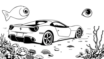 Kleurplaat van een rode sportwagen met Ferrari-achtig embleem dat onder water zweeft, geflankeerd door een cartoonvis en een oog, met een onderwaterlandschap van planten en koraal.