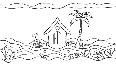 Zwart-wit lijntekening van een tropisch eiland met een klein huisje, palmboom en golven, klaar om ingekleurd te worden.