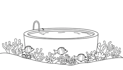 Kleurplaat van een bad met water, omringd door waterplanten, koraal en drie gestreepte vissen.