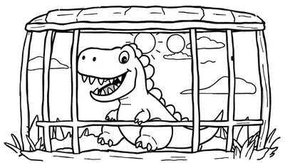 Een zwart-wit tekening van een vriendelijke cartoon dinosaurus met een brede glimlach en stekels op zijn rug, zittend achter een houten hek. Op de achtergrond zijn twee zonnen en wolken te zien.