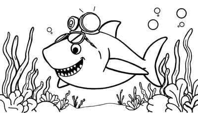 Een zwart-wit tekening van een lachende cartoonhaai met duikbril en lamp in een onderwateromgeving met zeewier en luchtbellen, klaar om ingekleurd te worden.