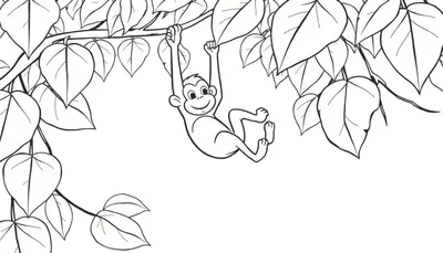 Zwart-wit lijntekening van een vrolijk aapje dat aan een tak hangt in een jungle-omgeving, klaar om ingekleurd te worden.