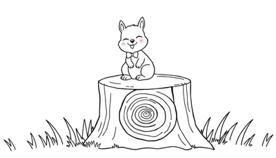 Kleurplaat van een vrolijk, cartoon-achtig konijntje met roze wangetjes en een vlinderdasje dat op een boomstronk met jaarringen zit, omringd door gras.