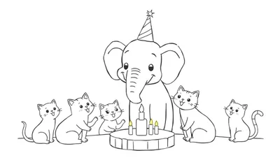 Zwart-wit kleurplaat van een feestelijke verjaardag met een olifant, kaarsjes en katten.