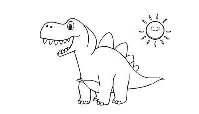 Kleurplaat van een vrolijke dinosaurus met een lachende zon erboven.