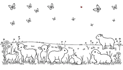 Een zwart-wit tekening van een weide met lammetjes, konijntjes, bloemen en vlinders, klaar om gekleurd te worden.