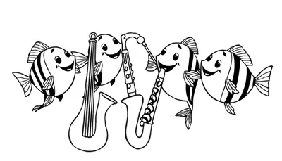 Zwart-witte kleurplaat van vier schattige, gestreepte vissen die een band vormen en muziek maken.