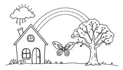 Zwart-wit kleurplaat van een vrolijk landschap met een huisje, zon, regenboog, vlinder en boom.