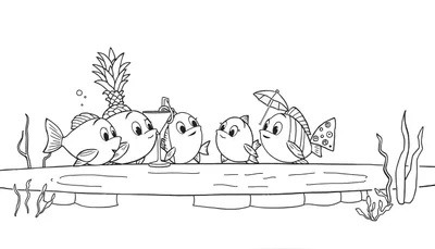 Zwart-wit kleurplaat met vijf lachende cartoonvissen die op een houten balk leunen, met een ananas, cocktail en parasol, omringd door zeewier en belletjes.