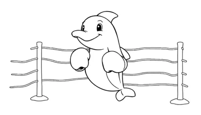 Zwart-wit tekening van een lachende dolfijn die over een hekje springt, klaar om ingekleurd te worden.