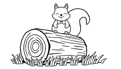 Een zwart-wit tekening van een lachende eekhoorn met gesloten ogen en een vlinderdasje, zittend op een boomstam met zichtbare jaarringen en omringd door gras.