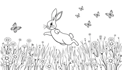 Zwart-wit tekening van een lachend konijn dat springt in een veld vol bloemen en vlinders, ideaal als kleurplaat.