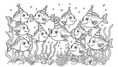 Een lijntekening van elf lachende vissen met feesthoedjes in een onderwaterwereld met planten, schelpen en bubbels.