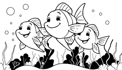 Zwart-witte lijntekening van een vrolijke onderwaterwereld met drie lachende vissen, luchtbellen en planten, klaar om gekleurd te worden.