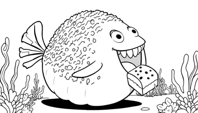 Kleurplaat van een grote, ronde, lachende vis die een stuk taart eet, met zeewier en koraal op de zeebodem.