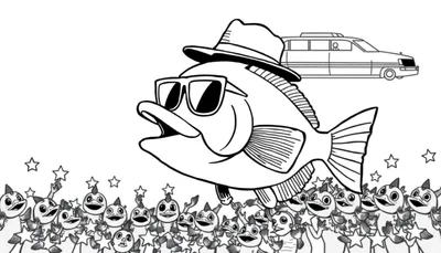 Kleurplaat van een grote vis met zonnebril en hoed die zingt, omringd door kleine, juichende wezentjes die sterren vasthouden. Op de achtergrond een limousine.