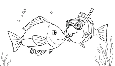 Kleurplaat van twee vrolijke tekenfilmvissen onder water, één met snorkel en duikbril die een kusje geeft, de ander lachend. Bellen en waterplanten zijn ook te zien.