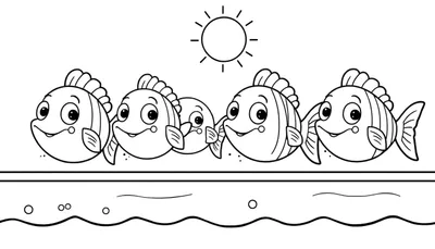 Kleurplaat met vijf lachende cartoonvissen met strepen, een zon met stralen erboven en een waterige ondergrond met bubbels.