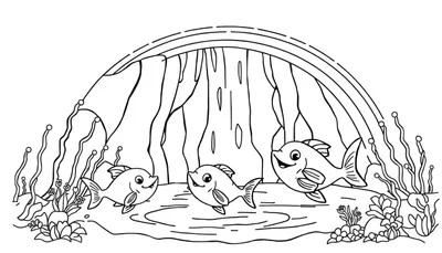 Een zwart-wit lijntekening van drie lachende vissen die zwemmen onder een overhangende rotsformatie in een onderwaterlandschap vol waterplanten en kiezels.