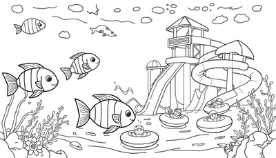 Een zwart-wit tekening van een waterpark met glijbanen en kinderen, naast een onderwaterwereld met lachende vissen, waterplanten en bubbels.